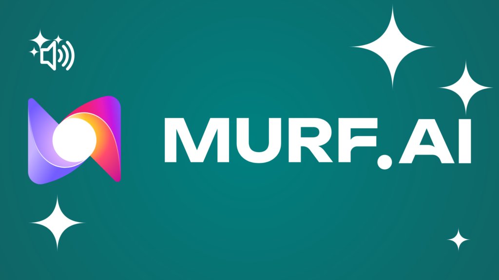 Murf AI logo featuring a white stylized icon and bold white sans-serif text on a teal gradient background with white stars.