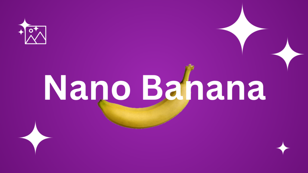 Nano Banana logo featuring a stylized branding icon and bold white text on a purple gradient background with white stars.
