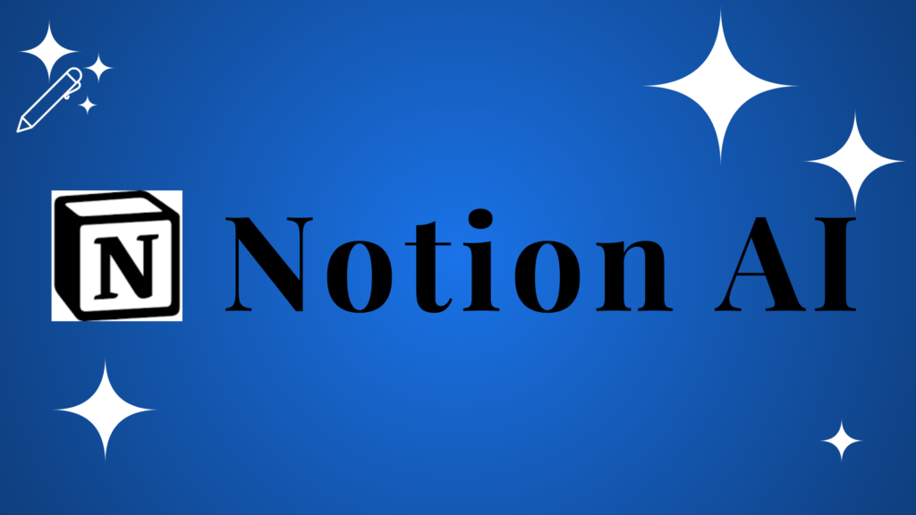 Notion AI logo featuring a black cube icon with a white "N" and bold black serif text on a blue gradient background with white stars.