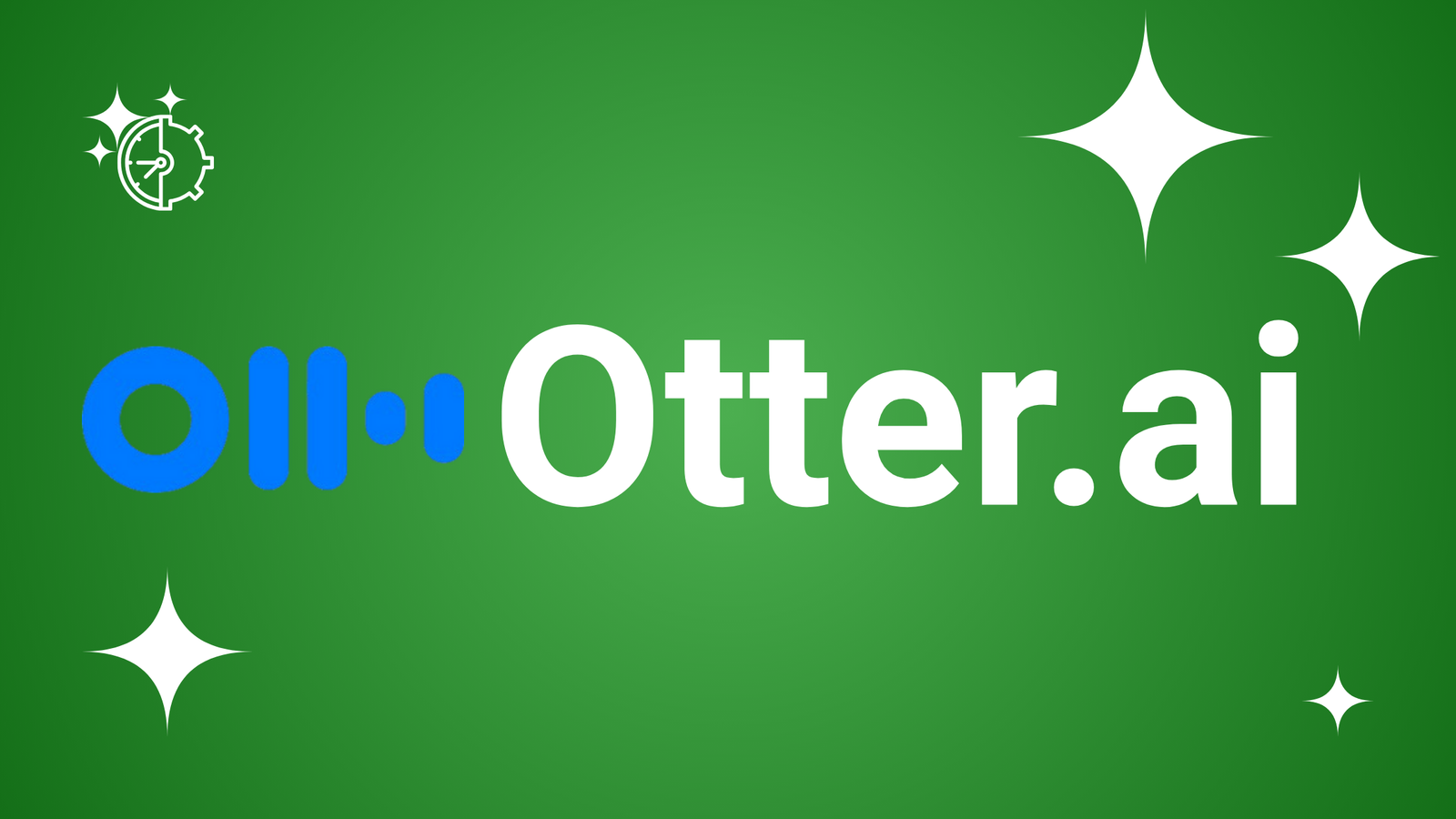 Otter.ai logo featuring a white stylized icon and bold white sans-serif text on a green gradient background with white stars.