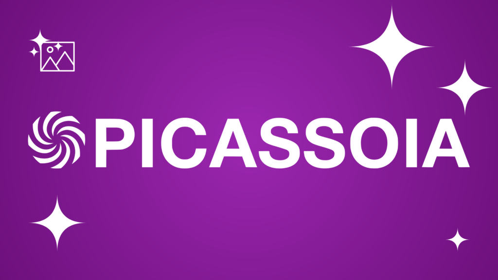 Picasso IA logo featuring a vibrant, abstract colorful icon and bold white text on a purple gradient background with white stars.