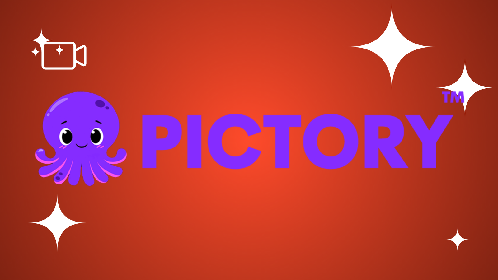 Pictory logo featuring a purple stylized "P" icon and bold purple sans-serif text on a reddish-orange gradient background with white stars.