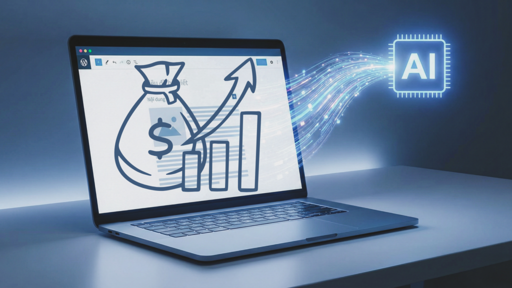 A laptop displaying a glowing financial growth graphic with a money bag, rising arrow, and bar chart, connected to an AI microchip icon on a blue digital background.