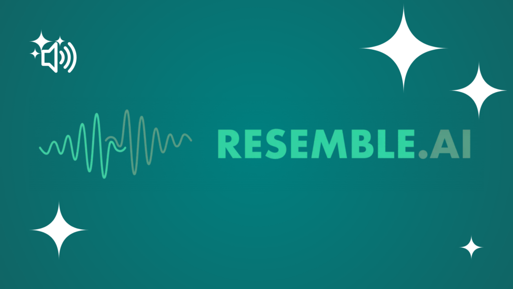 Resemble AI logo featuring a white stylized geometric icon and bold white sans-serif text on a teal gradient background with white stars.