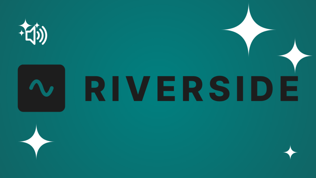 Riverside.fm logo featuring a black circular icon and bold black sans-serif text on a teal gradient background with white stars.