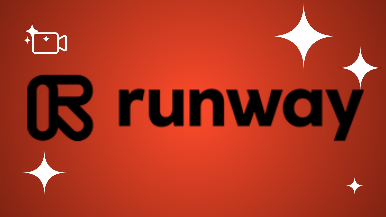 Runway logo featuring a black stylized icon and bold black sans-serif text on a red-orange gradient background with white stars.