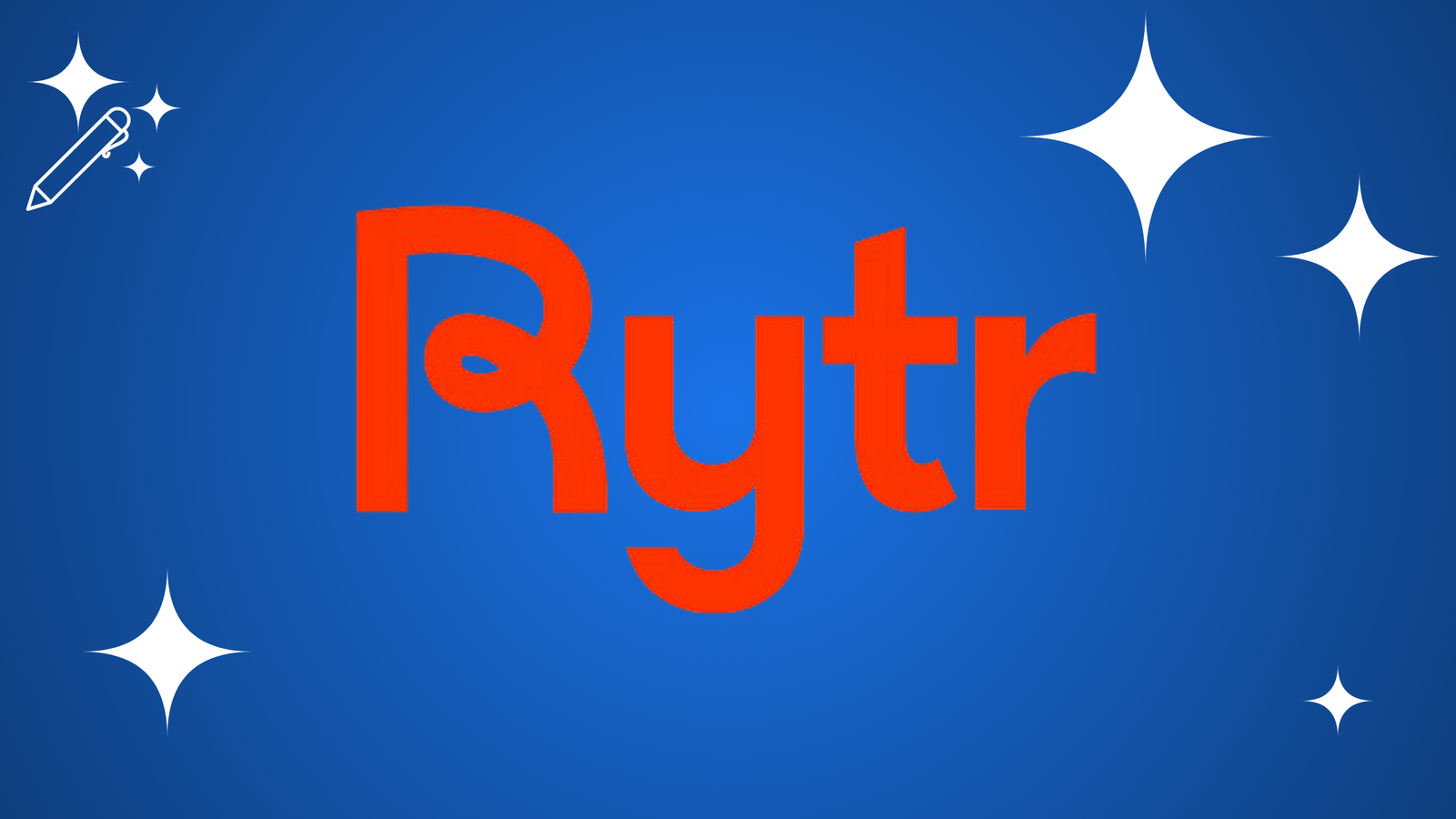 Rytr logo featuring bold red sans-serif text on a blue gradient background with white stars.