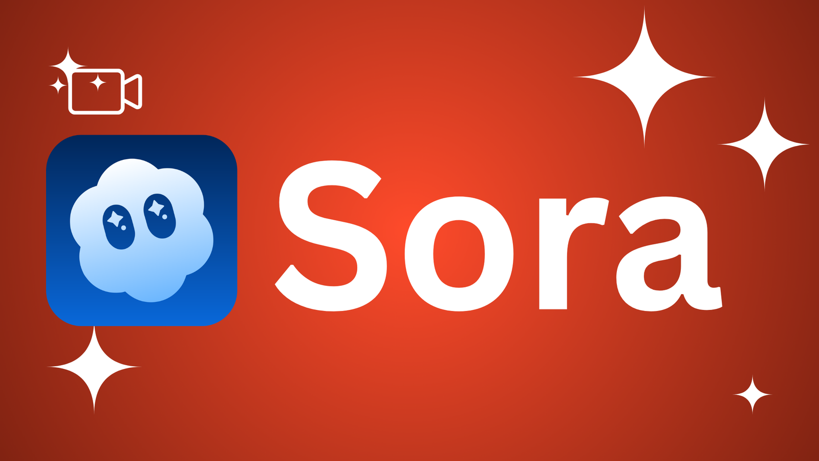 Sora logo featuring a black geometric swirl icon and bold black sans-serif text on a warm reddish-orange gradient background with white stars.