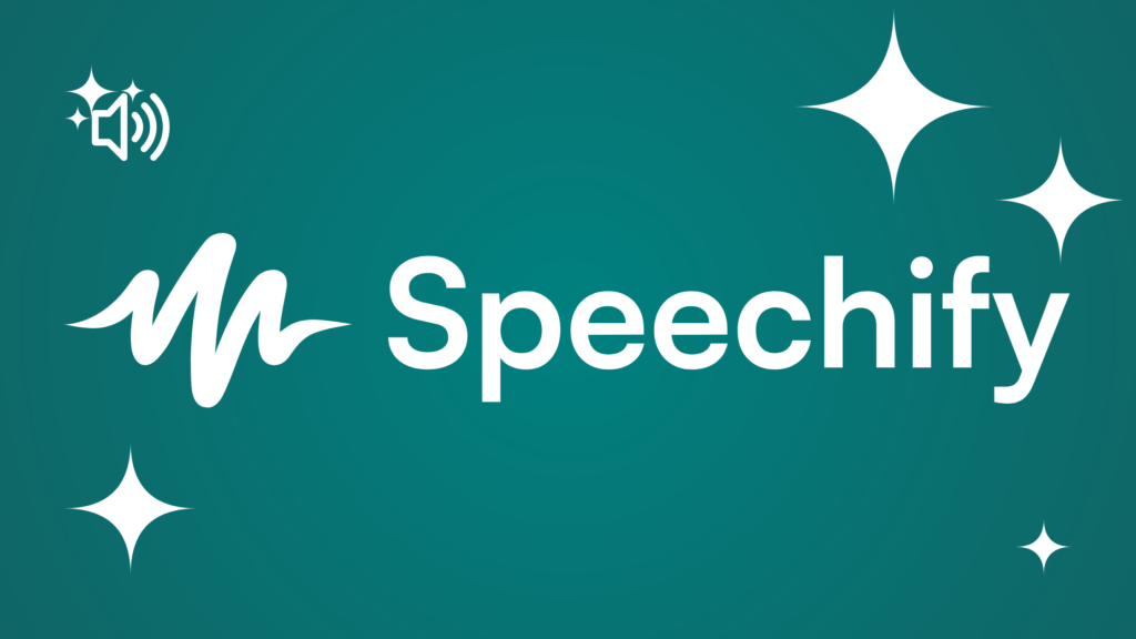 Speechify logo featuring a white stylized geometric icon and bold white sans-serif text on a teal gradient background with white stars.