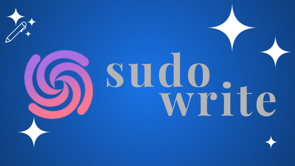 Sudowrite logo featuring a pink and purple gradient swirl icon with grey serif text on a blue background with white stars.