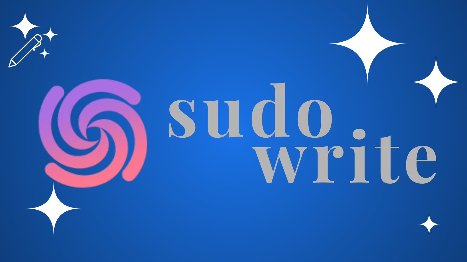 Sudowrite logo featuring a pink and purple gradient swirl icon with grey serif text on a blue background with white stars.