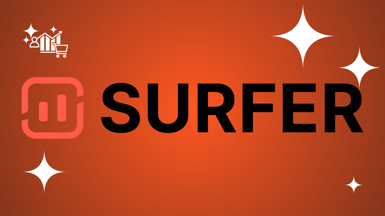 Surfer SEO logo featuring a black stylized icon and bold black sans-serif text on a red-orange gradient background with white stars.