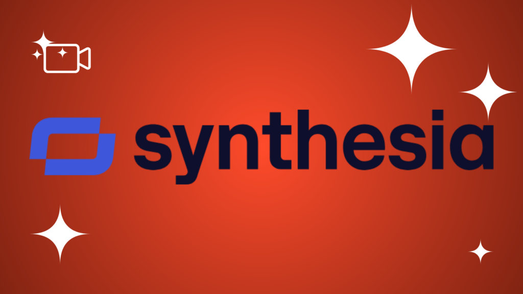 Synthesia logo featuring a dark stylized icon and bold dark text on a vibrant red-orange gradient background with white stars.
