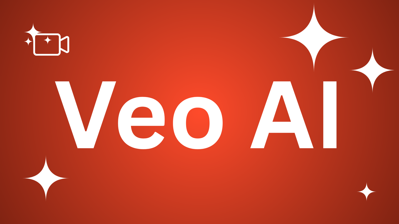 Veo logo featuring bold white sans-serif text on a warm reddish-orange gradient background with white stars.