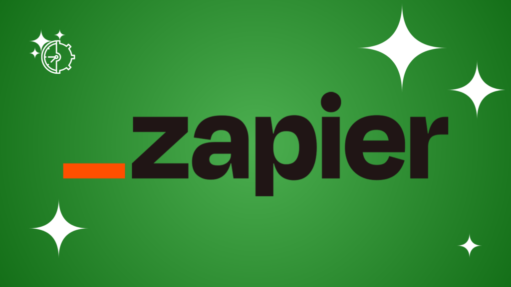 Zapier logo featuring a black stylized icon and bold black sans-serif text on a green gradient background with white stars.