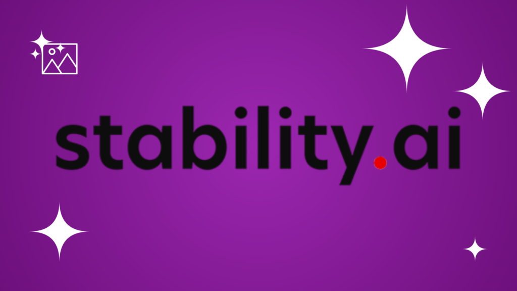 Stability AI logo featuring bold black sans-serif text with a small red dot inside the letter "a" on a purple gradient background with white stars.