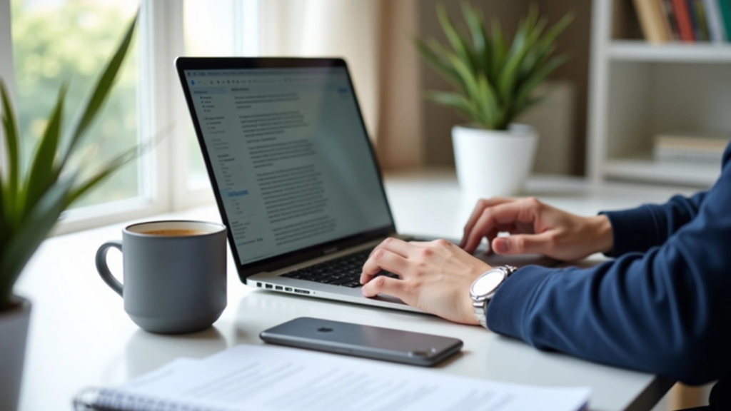 A person typing on a laptop at a desk with a coffee mug, smartphone, notebook, and potted plants near a bright window.